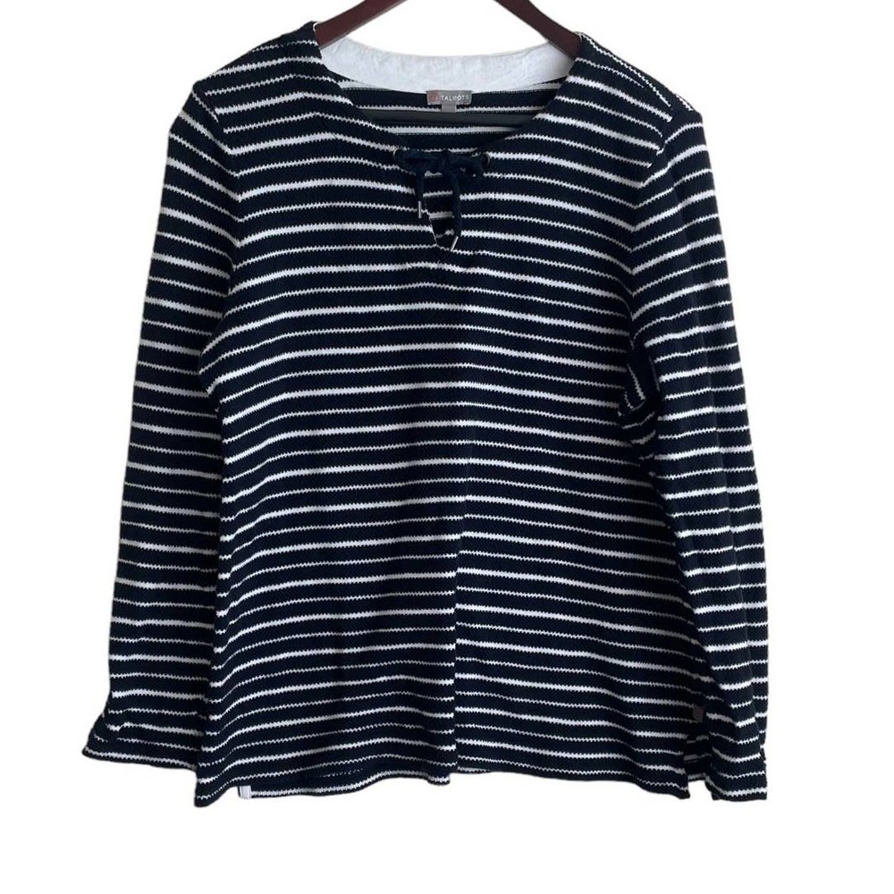 Talbots Women Top L Navy Striped Keyhole Tie Coastal Nautical Travel Beachy